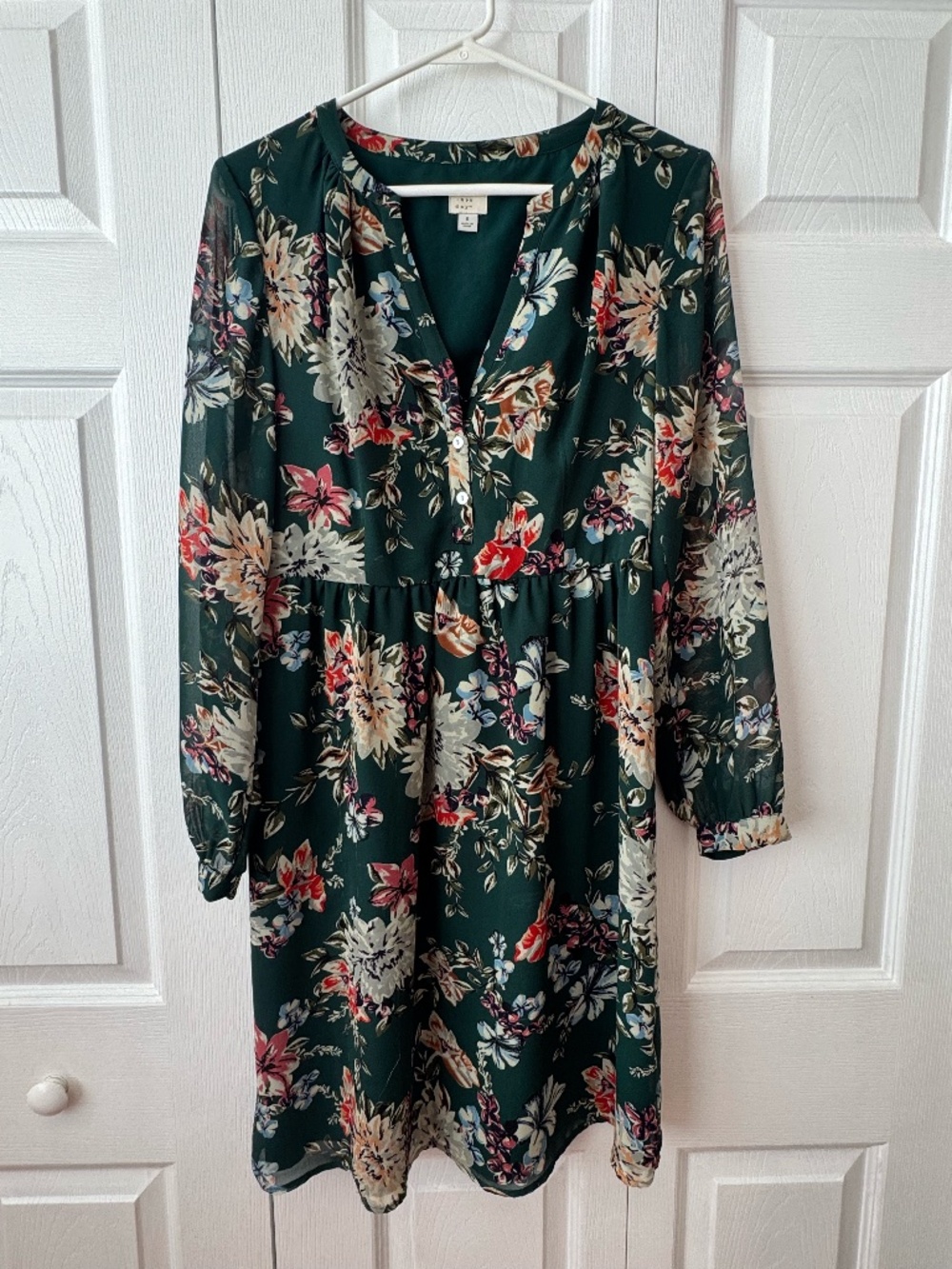 A New Day Dark Green Floral Long Sleeve Dress - Size Small